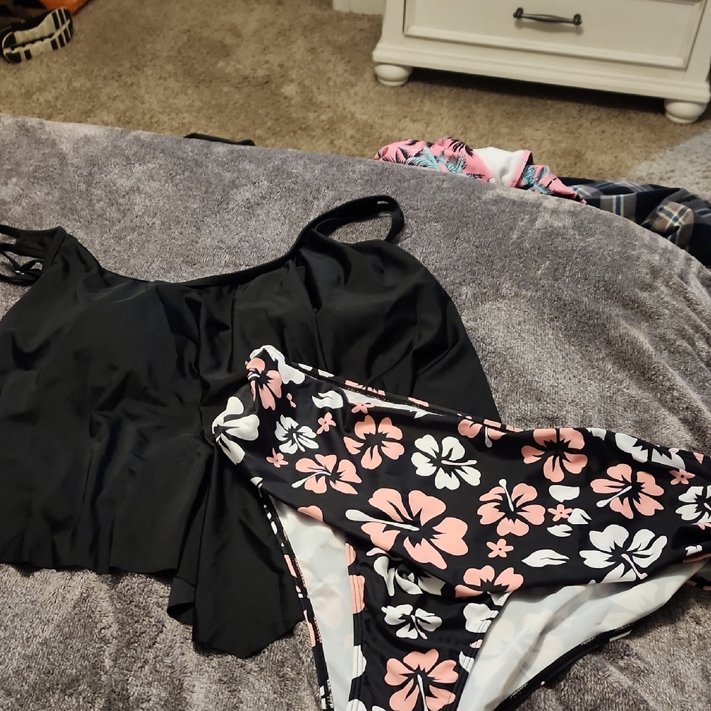 Black Tankini Top with Floral Bikini Bottom